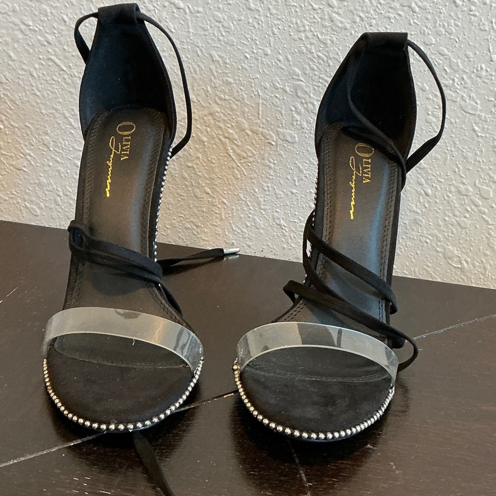 Chic Black Heels with Clear Strap by Olivia Jaymes Size 8.5